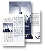 The Worship Word Template in blue shows a congregation of worshippers gathered in worship and praise before the cross and crucifix to celebrate and give praise to Jesus Christ. The Worship Microsoft Word Template is the perfect Word Template Design for any praise journal, faith report, Christian communion brochure, worship review, give praise document, Christian publication or church newsletter.

Click the Worship word template thumbnail for color, pricing, and purchase options